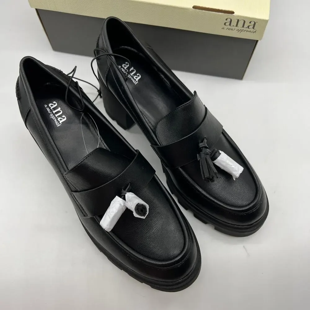 a.n.a Penny Loafers Black Chunky Block Heel A New Approach Women Size 10 NEW